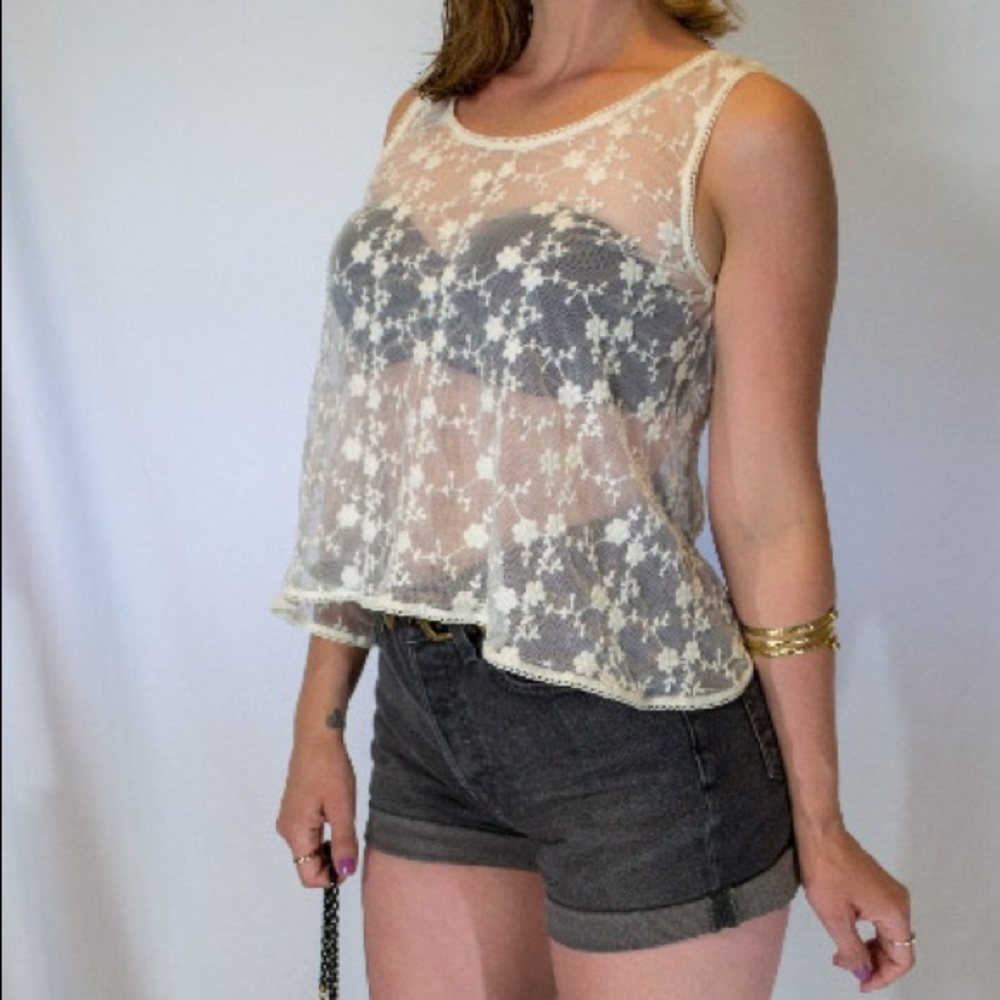 Paper Crane cream floral lace crop tank